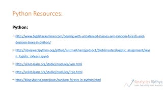 Python Resources:
Python:
• http://www.bigdataexaminer.com/dealing-with-unbalanced-classes-svm-random-forests-and-
decision-trees-in-python/
• http://nbviewer.ipython.org/github/justmarkham/gadsdc1/blob/master/logistic_assignment/kevi
n_logistic_sklearn.ipynb
• http://scikit-learn.org/stable/modules/svm.html
• http://scikit-learn.org/stable/modules/tree.html
• http://blog.yhathq.com/posts/random-forests-in-python.html
 