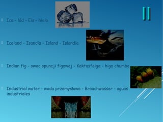 IIII Ice - lód - Eis - hielo
 Iceland – Isandia – Island - Islandia
 Indian fig - owoc opuncji figowej - Kaktusfeige - higo chumbo
 Industrial water - woda przemysłowa - Brauchwasser - aguas
industriales
 