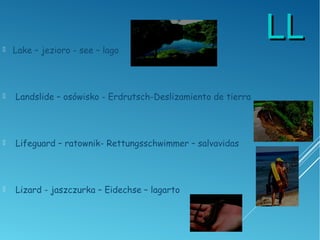 LLLL Lake – jezioro - see – lago
 Landslide – osówisko - Erdrutsch-Deslizamiento de tierra
 Lifeguard – ratownik- Rettungsschwimmer – salvavidas
 Lizard - jaszczurka – Eidechse – lagarto
 