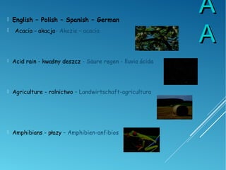AA
AA
 English – Polish – Spanish – German
 Acacia - akacja- Akazie – acacia
 Acid rain - kwaśny deszcz - Säure regen - lluvia ácida
 Agriculture - rolnictwo – Landwirtschaft-agricultura
 Amphibians - płazy – Amphibien-anfibios
 