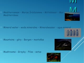 MM
MM Mediterranean - Morze Śródziemne – Mittelmeer - Mar
Mediterráneo
 Mineral water - woda mineralna – Mineralwasser - agua mineral
 Mountains - góry - Bergen – montañas
 Mushrooms - Grzyby - Pilze - setas
 
