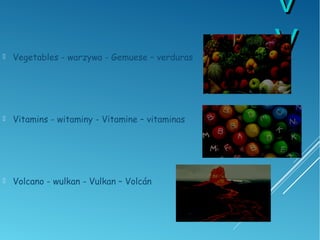 VV
VV Vegetables - warzywa - Gemuese – verduras
 Vitamins - witaminy - Vitamine – vitaminas
 Volcano - wulkan - Vulkan – Volcán
 