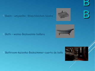 BB
BB Basin - umywalka -Waschbecken-lavabo
 Bath – wanna-Badewanne-bañera
 Bathroom-łazienka-Badezimmer-cuarto de baño
 