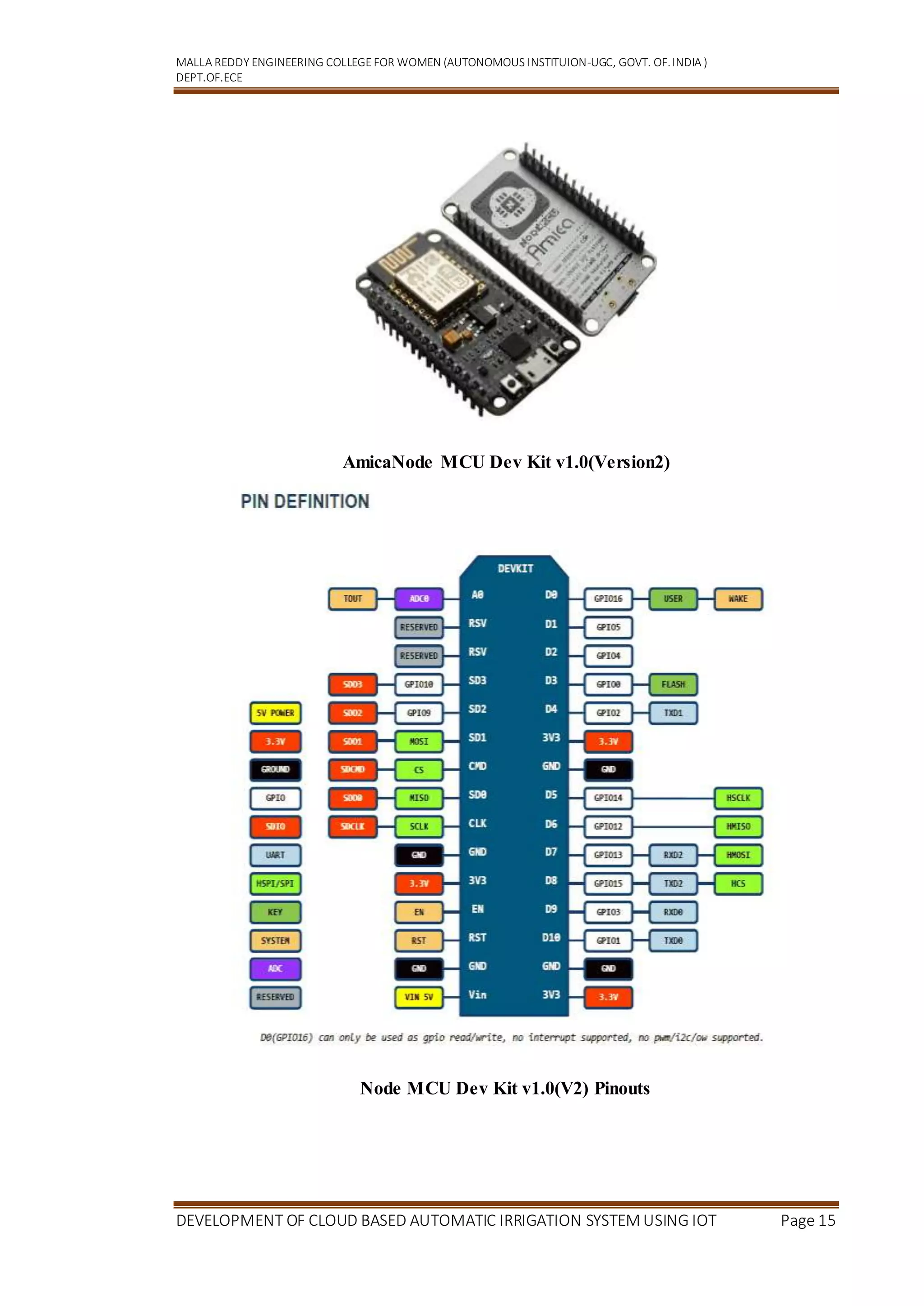MALLA REDDY ENGINEERING COLLEGEFOR WOMEN (AUTONOMOUS INSTITUION-UGC, GOVT. OF.INDIA )
DEPT.OF.ECE
DEVELOPMENT OF CLOUD BASED AUTOMATIC IRRIGATION SYSTEM USING IOT Page 15
AmicaNode MCU Dev Kit v1.0(Version2)
Node MCU Dev Kit v1.0(V2) Pinouts
 
