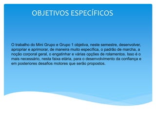 OBJETIVOS ESPECÍFICOS
O trabalho do Mini Grupo e Grupo 1 objetiva, neste semestre, desenvolver,
apropriar e aprimorar, de maneira muito específica, o padrão de marcha, a
noção corporal geral, o engatinhar e várias opções de rolamentos. Isso é o
mais necessário, nesta faixa etária, para o desenvolvimento da confiança e
em posteriores desafios motores que serão propostos.
 
