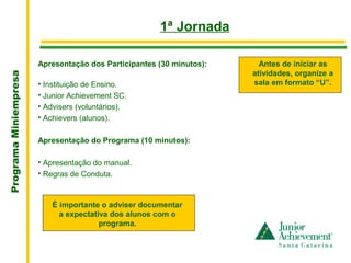 .
                                                      1ª Jornada

                       Apresentação dos Participantes (30 minutos):     Antes de iniciar as
                                                                      atividades, organize a
Programa Miniempresa




                       • Instituição de Ensino.                       sala em formato “U”.
                       • Junior Achievement SC.
                       • Advisers (voluntários).
                       • Achievers (alunos).

                       Apresentação do Programa (10 minutos):

                       • Apresentação do manual.
                       • Regras de Conduta.



                           É importante o adviser documentar
                             a expectativa dos alunos com o
                                        programa.
 