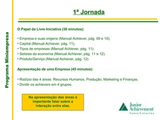 .
                                                         1ª Jornada

                       O Papel da Livre Iniciativa (30 minutos):
Programa Miniempresa




                       • Empresa e suas origens (Manual Achiever, pág. 09 e 10).
                       • Capital (Manual Achiever, pág. 11).
                       • Tipos de empresas (Manual Achiever, pág. 11).
                       • Setores da economia (Manual Achiever, pág. 11 e 12).
                       • Produto/Serviço (Manual Achiever, pág. 12)

                       Apresentação de uma Empresa (45 minutos):

                       • Rodízio das 4 áreas: Recursos Humanos, Produção, Marketing e Finanças.
                       • Dividir os achievers em 4 grupos.


                             Na apresentação das áreas é
                               importante falar sobre a
                                 interação entre elas.
 