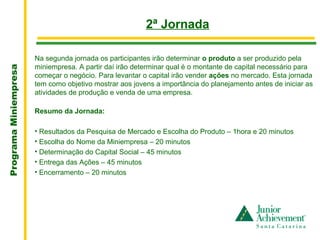 .
                                                         2ª Jornada

                       Na segunda jornada os participantes irão determinar o produto a ser produzido pela
                       miniempresa. A partir daí irão determinar qual é o montante de capital necessário para
Programa Miniempresa




                       começar o negócio. Para levantar o capital irão vender ações no mercado. Esta jornada
                       tem como objetivo mostrar aos jovens a importância do planejamento antes de iniciar as
                       atividades de produção e venda de uma empresa.

                       Resumo da Jornada:

                       • Resultados da Pesquisa de Mercado e Escolha do Produto – 1hora e 20 minutos
                       • Escolha do Nome da Miniempresa – 20 minutos
                       • Determinação do Capital Social – 45 minutos
                       • Entrega das Ações – 45 minutos
                       • Encerramento – 20 minutos
 