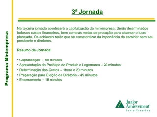 .
                                                         3ª Jornada

                       Na terceira jornada acontecerá a capitalização da miniempresa. Serão determinados
                       todos os custos financeiros, bem como as metas de produção para alcançar o lucro
Programa Miniempresa




                       planejado. Os achievers terão que se conscientizar da importância de escolher bem seu
                       presidente e diretores.

                       Resumo da Jornada:

                       • Capitalização – 50 minutos
                       • Apresentação do Protótipo do Produto e Logomarca – 20 minutos
                       • Determinação dos Custos – 1hora e 20 minutos
                       • Preparação para Eleição da Diretoria – 45 minutos
                       • Encerramento – 15 minutos
 