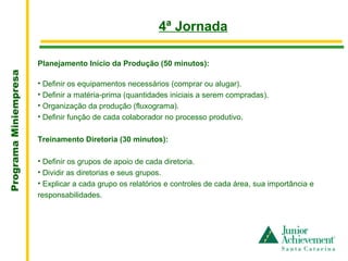 .
                                                          4ª Jornada

                       Planejamento Início da Produção (50 minutos):
Programa Miniempresa




                       • Definir os equipamentos necessários (comprar ou alugar).
                       • Definir a matéria-prima (quantidades iniciais a serem compradas).
                       • Organização da produção (fluxograma).
                       • Definir função de cada colaborador no processo produtivo.

                       Treinamento Diretoria (30 minutos):

                       • Definir os grupos de apoio de cada diretoria.
                       • Dividir as diretorias e seus grupos.
                       • Explicar a cada grupo os relatórios e controles de cada área, sua importância e 
                       responsabilidades.
 