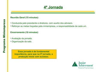 .
                                                        4ª Jornada

                       Reunião Geral (15 minutos):
Programa Miniempresa




                       • Conduzida pelo presidente e diretores, com auxílio dos advisers.
                       • Reforçar as metas traçadas pela miniempresa, a responsabilidade de cada um.

                       Encerramento (10 minutos):

                       • Avaliação da jornada.
                       • Organização da sala.



                              Essa jornada é de fundamental
                           importância, para que na 5ª jornada, a
                              produção inicie com sucesso.
 