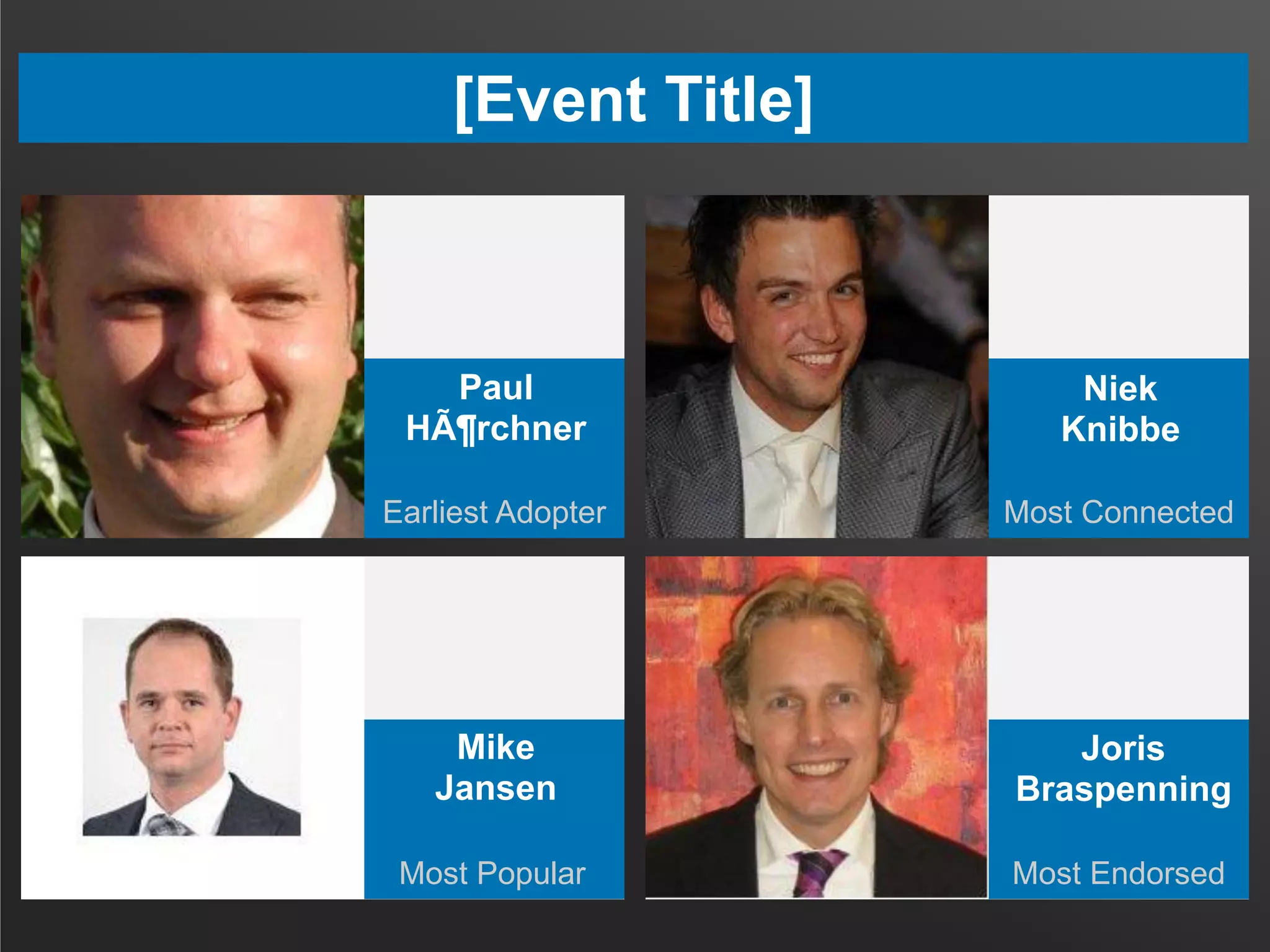 [Event Title]
Most Popular Most Endorsed
Earliest Adopter Most Connected
Paul
HÃ¶rchner
Niek
Knibbe
Mike
Jansen
Joris
Braspenning
 