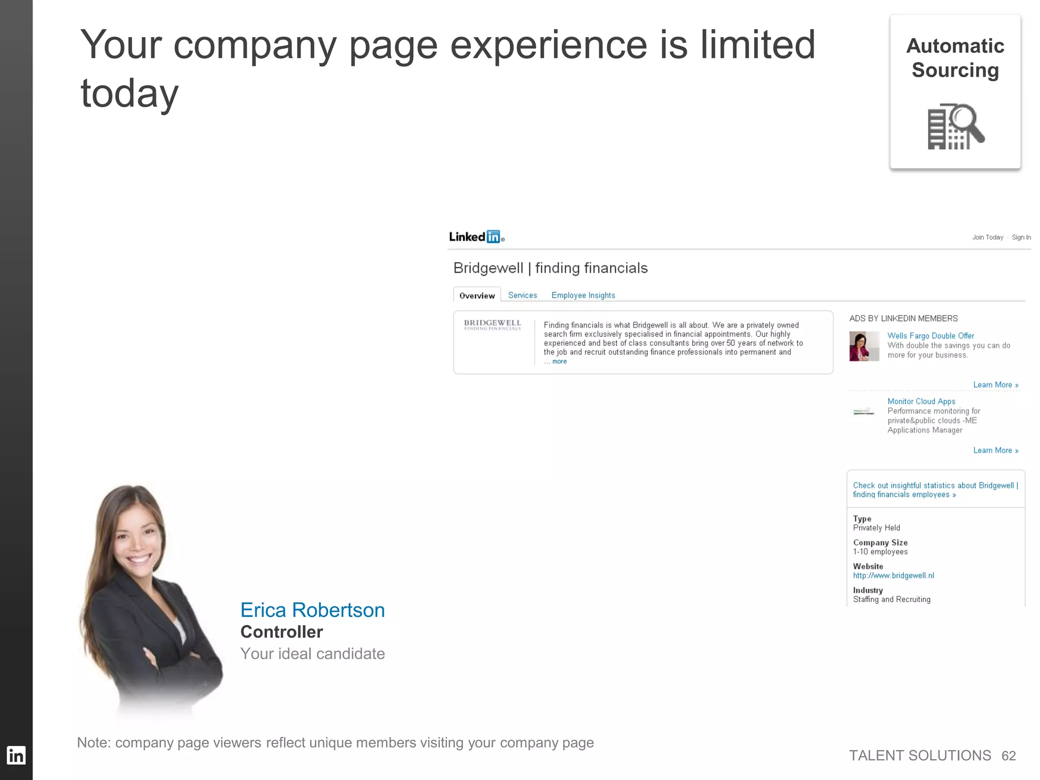 TALENT SOLUTIONS
Note: company page viewers reflect unique members visiting your company page
62
Your company page experience is limited
today
62
Automatic
Sourcing
Erica Robertson
Your ideal candidate
Controller
 