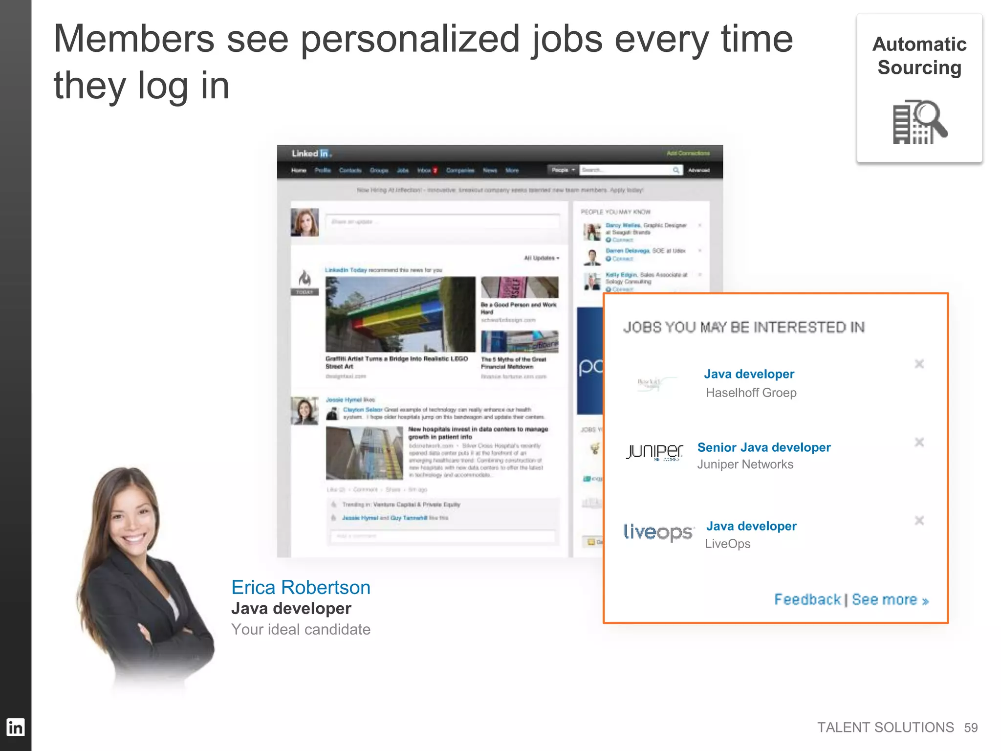 TALENT SOLUTIONS
Members see personalized jobs every time
they log in
Erica Robertson
Your ideal candidate
Java developer
Haselhoff Groep
Java developer
Java developer
Juniper Networks
LiveOps
Java developer
Senior
5959
Automatic
Sourcing
 