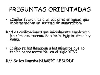 PREGUNTAS ORIENTADAS
• ¿Cuáles fueron las civilizaciones antiguas que
implementaron un sistema de numeración?
R//Las civilizaciones que inicialmente emplearon
los números fueron: Babilonia, Egipto, Grecia y
Roma.
• ¿Cómo se les llamaban a los números que no
tenían representación en el siglo XIV?
R// Se les llamaba NUMERI ABSURDI