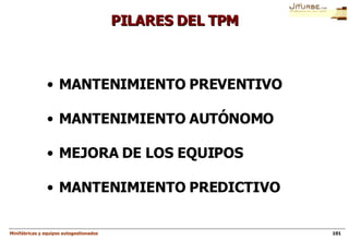 PILARES DEL TPM <ul><li>MANTENIMIENTO PREVENTIVO </li></ul><ul><li>MANTENIMIENTO AUTÓNOMO </li></ul><ul><li>MEJORA DE LOS ...