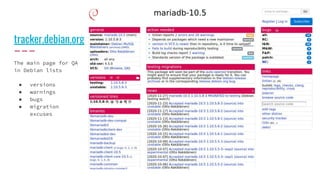 tracker.debian.org
The main page for QA
in Debian lists
● versions
● warnings
● bugs
● migration
excuses
 