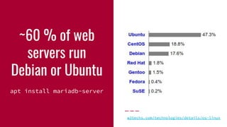 ~60 % of web
servers run
Debian or Ubuntu
apt install mariadb-server
w3techs.com/technologies/details/os-linux
 