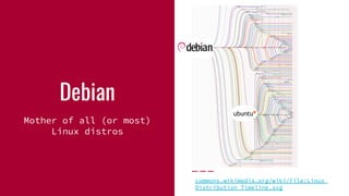 Debian
Mother of all (or most)
Linux distros
commons.wikimedia.org/wiki/File:Linux_
Distribution_Timeline.svg
 
