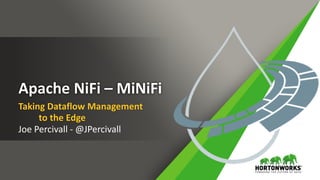 Apache NiFi – MiNiFi
Taking Dataflow Management
to the Edge
Joe Percivall - @JPercivall
 