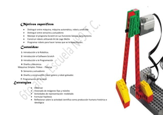 Objetivos específicos
 Distinguir entre máquina, máquina automática, robot y androide
 Distinguir entre sensores y actuadores
 Manejar el programa Scratch en sus funciones básicas para motores
 Construir robots utilizando kit de Lego WeDo
 Programar robots para hacer tareas que se le especifiquen.
Contenidos:
1- Introducción a la Robótica.
2- Introducción al Software Scratch
3- Introducción a la Programación
4- Diseño y Mecánica.
Máquinas Simples: Poleas - Palanca.
5- Sensores y actuadores
6- Diseño y construcción: robot golero y robot goleador.
7- Programación en Scratch
Estrategias
 Observar
 Visionado de imágenes fijas y móviles
 Actividades de representación: modelado
 Formular hipótesis
 Reflexionar sobre la actividad científica como producción humana histórica e
ideológica
 