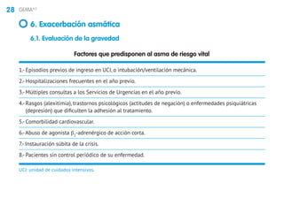 28 GEMA4.0
6. Exacerbación asmática
6.1. Evaluación de la gravedad
UCI: unidad de cuidados intensivos.
Factores que predisponen al asma de riesgo vital
1.- Episodios previos de ingreso en UCI, o intubación/ventilación mecánica.
2.- Hospitalizaciones frecuentes en el año previo.
3.- Múltiples consultas a los Servicios de Urgencias en el año previo.
4.- Rasgos (alexitimia), trastornos psicológicos (actitudes de negación) o enfermedades psiquiátricas
(depresión) que dificulten la adhesión al tratamiento.
5.- Comorbilidad cardiovascular.
6.-Abuso de agonista β2
-adrenérgico de acción corta.
7.- Instauración súbita de la crisis.
8.- Pacientes sin control periódico de su enfermedad.
 