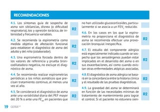 19 GEMA4.0
R2
R2
R2
R2
R2
R2
R2
R2
R2
RECOMENDACIONES
4.1. Los síntomas guía de sospecha de
asma son sibilancias, disnea (o difi­cul­tad
respiratoria), tos y opresión torácica, de in-
tensidad y frecuencia variables.
4.2. Se recomienda la espirometría como
medida objetiva de afectación funcional
para establecer el diagnóstico de asma del
adulto y del niño (colaborador).
4.3. Una espirometría forzada dentro de
los valores de referencia y prueba bron-
codilatadora negativa, no excluye el diag-
nóstico de asma.
4.4. Se recomienda realizar espirometrías
periódicas a los niños asmáticos que pre-
cisan tratamiento continuo, al menos una
vez al año.
4.5.Se considerará el diagnóstico de asma
ante una variabilidad diaria del PEF mayor
del 20 % o ante una FENO
en pacientes que
no han utilizado glucocorticoides, particu-
larmente si se asocia a un FEV1
reducido.
4.6. En los casos en los que la espiro-
metría no proporciona el diagnóstico de
asma se recomienda efectuar una provo-
cación bronquial inespecífica.
4.7. El estudio del componente alérgico
está especialmente indicado cuando se sos-
pecha que los aeroalérgenos puedan estar
implicados en el desarrollo del asma o en
sus exacerbaciones, así como cuando exis-
tan otras enfermedades atópicas asociadas.
4.8.El diagnóstico de asma alérgica se basa-
rá en la concordancia entre la historia clínica
y el resultado de las pruebas diagnósticas.
4.9. La gravedad del asma se determinará
en función de las necesidades mínimas de
tratamiento de mantenimiento para lograr
el control. Si el paciente no estuviera sien-
 
