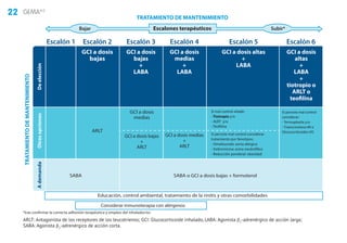 22 GEMA4.0
ARLT: Antagonista de los receptores de los leucotrienos; GCI: Glucocorticoide inhalado, LABA: Agonista β2
-adrenérgico de acción larga;
SABA: Agonista β2
-adrenérgico de acción corta.
TRATAMIENTO DE MANTENIMIENTO
TRATAMIENTODEMANTENIMIENTO
Deelección
Escalones terapéuticosBajar Subir*
Escalón 1
SABA
Educación, control ambiental, tratamiento de la rinitis y otras comorbilidades
Considerar inmunoterapia con alérgenos
Escalón 2
ARLT
GCI a dosis
bajas
GCI a dosis
medias
GCI a dosis bajas
+
ARLT
Escalón 3
GCI a dosis
bajas
+
LABA
GCI a dosis medias
+
ARLT
Escalón 4
GCI a dosis
medias
+
LABA
Si mal control añadir:
- Tiotropio y/o
- ALRT y/o
- Teofilina
Si persiste mal control considerar
tratamiento por fenotipos:
- Omalizumab: asma alérgica
- Azitromicina: asma neutrofílica
- Reducción ponderal: obesidad
Escalón 5
GCI a dosis altas
+
LABA
GCI a dosis
altas
+
LABA
+
tiotropio o
ARLT o
teofilina
Si persiste mal control
considerar:
- Termoplastia y/o
- Triamcinolona IM o
Glucocorticoides VO
Escalón 6
SABA o GCI a dosis bajas + formoterol
*tras confirmar la correcta adhesión terapéutica y empleo del inhalador/es
ARLT: Antagonista de los receptores de los leucotrienos; GCI: Glucocorticoide inhalado, LABA: Agonista β2-adrenérgico de acción larga; SABA: Agonista β2-adrenérgico de acción corta
AdemandaOtrasopciones
 