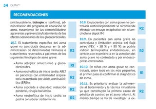 54 GEMA4.0
R2
R2
R2
R1
RECOMENDACIONES
(antileucotrieno, tiotropio o teofilina), ad-
ministración del programa de educación de
asma, tratamiento de las comorbilidades/
agravantes y prevención/tratamiento de los
efectos secundarios de los glucocorticoides.
10.7. El tratamiento específico del asma
grave no controlada descansa en la ad-
ministración de determinados fármacos o
tratamientos reservados a pacientes de los
siguientes fenotipos de asma grave:
• Asma alérgica: omalizumab y gluco-
corticoides.
• Asma eosinofílica de inicio tardío: ARLT
en pacientes con enfermedad respira-
toria exacerbada por ácido acetilsalicí-
lico (EREA).
• Asma asociada a obesidad: reducción
ponderal, cirugía bariátrica.
• Asma neutrofílica de inicio tardío: se
podría considerar azitromicina.
10.8. En pacientes con asma grave no con-
trolada corticodependiente se recomienda
efectuar un ensayo terapéutico con triam-
cinolona depot IM.
10.9. En pacientes con asma grave no
controlada y limitación crónica del flujo
aéreo (FEV1
 50 % y  80 %) se podría
indicar termoplastia endobronquial, en
centros con experiencia en la atención del
asma grave no controlada y por endosco-
pistas entrenados.
10.10. En niños con asma grave no con-
trolada, sobre todo en los más pequeños,
el primer paso es confirmar el diagnóstico
de asma.
10.11. Es prioritario evaluar la adheren-
cia al tratamiento y la técnica inhalatoria
ya que constituyen la primera causa de
pérdida de control en el asma infantil. Al
mismo tiempo se ha de investigar la ex-
R2
R2
R2
R2
R1
 
