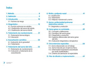 7 GEMA4.0
1. Método. . . . . . . . . . . . . . . . . . . . . . . . . . 8
2. Definición . . . . . . . . . . . . . . . . . . . . . . .  9
3. Introducción . . . . . . . . . . . . . . . . . . . . . 10
3.1. Factores de riesgo
4. Diagnóstico. . . . . . . . . . . . . . . . . . . . . . 12
4.1. Función pulmonar en adultos
4.2. Clasificación del asma del adulto
4.3. Clasificación del asma infantil
5. Tratamiento de mantenimiento . . . . . . 21
5.1. Tratamiento farmacológico
5.2. Educación
6. Exacerbación asmática. . . . . . . . . . . .  28
6.1. Evaluación de la gravedad
6.2. Tratamiento
7. Tratamiento del asma del niño. . . . . .  33
7.1. Tratamiento de mantenimiento
7.2. Evaluación y tratamiento de la
exacerbación
8. Rinitis y poliposis nasal. . . . . . . . . . . . . . . . .  41
8.1. Clasificación
8.2. Tratamiento
8.3. Poliposis nasosinusal y asma
9. Asma y enfermedad pulmonar
obstructiva crónica. . . . . . . . . . . . . . . . . . . . 47
9.1. Diagnóstico y evolución
10. Asma grave no controlada. . . . . . . . . . . . . . .  49
10.1. Concepto y definiciones
10.2. Fenotipos del asma grave
10.3. Diagnóstico y evolución
10.4. Aspectos diferenciales del asma grave
del niño
10.5. Evaluación diagnóstica y terapéutica
11. Circunstancias especiales. . . . . . . . . . . . . . . 58
11.1. Asma relacionada con el trabajo
11.2. Asma inducida por el ejercicio físico
11.3. Enfermedad respiratoria exacerbada
por ácido acetilsalicílico
11.4. Criterios de derivación al especialista
12. Plan de difusión e implementación. . . . . . . . . . 69
Índice
 