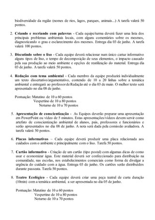 biodiversidade da região (nomes de rios, lagos, parques, animais...) A tarefa valerá 50
pontos.
2. Criando e recriando com palavras - Cada equipe/turma deverá fazer uma lista dos
principais problemas ambientais locais, com alguns comentários sobre os mesmos,
diagnosticando o grau e esclarecimento dos mesmos. Entrega dia 03 de junho. A tarefa
valerá 100 pontos.
3. Discutindo sobre o lixo - Cada equipe deverá relacionar num único cartaz informativo
alguns tipos de lixo, o tempo de decomposição de seus elementos, o impacto causado
pela sua produção ao meio ambiente e opções de reutilização do material. Entrega dia
03 de junho. A tarefa valerá 50 pontos.
4. Redação com tema ambiental - Cada membro da equipe produzirá individualmente
um texto dissertativo/argumentativo, contendo de 10 a 20 linhas sobre a temática
ambiental e entregará ao professordeRedação até o dia 03 de maio. O melhor texto será
apresentado no dia 08 de junho.
Pontuação: Matutino de 10 a 60 pontos
Vespertino de 10 a 80 pontos
Noturno de 10 a 70 pontos
5. Apresentação de conscientização - As Equipes deverão preparar uma apresentação
em PowerPoint ou vídeo de 5 minutos. Estas apresentações/vídeos devem servir como
artefato de conscientização ambiental de alunos, pais, professores e funcionários e
serão apresentados no dia 08 de junho. A nota será dada pela comissão avaliadora. A
tarefa valerá 50 pontos.
6. Placas informativas – Cada equipe deverá produzir uma placa relacionada aos
cuidados com o ambiente e principalmente com o lixo. Tarefa 50 pontos.
7. Cartão informativo - Criação de um cartão (tipo postal) com algumas dicas de como
usar e economizar água. Este material deverá ser confeccionado para distribuição na
comunidade, nas escolas, nos estabelecimentos comerciais como forma de divulgar a
urgência do cuidado com a água. Entrega 03 de junho. Os cartões serão distribuídos
durante passeata. Tarefa 50 pontos.
8. Teatro Ecológico - Cada equipe deverá criar uma peça teatral de curta duração
(10min) com a temática ambiental, a ser apresentada no dia 05 de junho.
Pontuação: Matutino de 10 a 60 pontos
Vespertino de 10 a 80 pontos
Noturno de 10 a 70 pontos
 