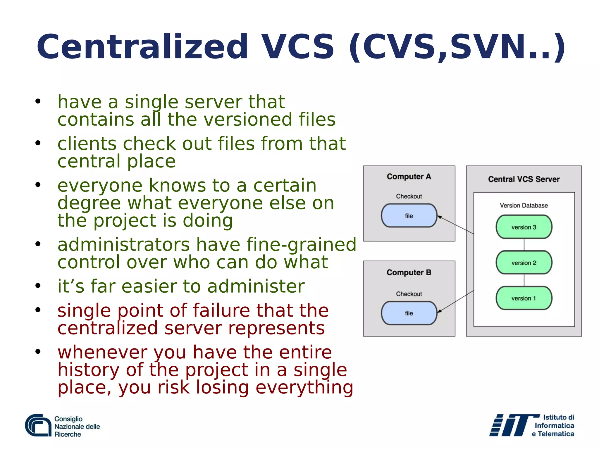 Centralized VCS (CVS,SVN..)
• have a single server that
contains all the versioned files
• clients check out files from that
central place
• everyone knows to a certain
degree what everyone else on
the project is doing
• administrators have fine-grained
control over who can do what
• it’s far easier to administer
• single point of failure that the
centralized server represents
• whenever you have the entire
history of the project in a single
place, you risk losing everything
 