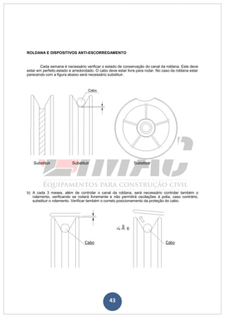 43
ROLDANA E DISPOSITIVOS ANTI-ESCORREGAMENTO
Cada semana é necessário verificar o estado de conservação do canal da roldana. Este deve
estar em perfeito estado e arredondado. O cabo deve estar livre para rodar. No caso da roldana estar
parecendo com a figura abaixo será necessário substituir.
Cabo
Substituir Substituir Substituir
b) A cada 3 meses, além de controlar o canal da roldana, será necessário controlar também o
rolamento, verificando se rodará livremente e não permitirá oscilações à polia, caso contrário,
substituir o rolamento. Verificar também o correto posicionamento da proteção do cabo.
2-
3m
m
Cabo Cabo
 