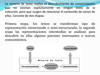 La minería de texto realiza el descubrimiento de conocimientos que no existían explícitamente en ningún texto de la colección, pero que surgen de relacionar el contenido de varios de ellos. Consiste de dos etapas: 					Primera etapa, los textos se transforman tipo de representación estructurada o semi-estructurada; la segunda etapa las representaciones intermedias se analizan para descubrir en ellas algunos patrones interesantes o nuevos conocimientos.	 					 	