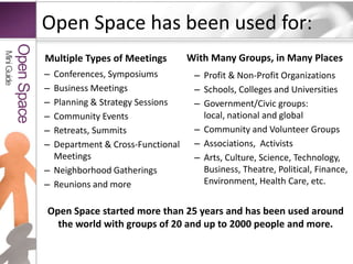 Open Space has been used for:With Many Groups, in Many PlacesMultiple Types of MeetingsConferences, SymposiumsBusiness MeetingsPlanning & Strategy SessionsCommunity EventsRetreats, SummitsDepartment & Cross-Functional MeetingsNeighborhood GatheringsReunions and moreProfit & Non-Profit OrganizationsSchools, Colleges and UniversitiesGovernment/Civic groups:local, national and globalCommunity and Volunteer GroupsAssociations,  ActivistsArts, Culture, Science, Technology, Business, Theatre, Political, Finance, Environment, Health Care, etc. Mini GuideOpen SpaceOpen Space started more than 25 years and has been used around the world with groups of 20 and up to 2000 people and more. 