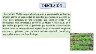 El agrónomo Vallés, Josep M sugiere que la construcción de huertos
urbanos ejerce un gran poder en aquellos que toman la decisión de
crear estos espacios, es una actividad que alivia el estrés y un
pasatiempos muy saludable, a diferencia de Morán Alonso(2009) en el
que indica que pocas son las personas que hacen de la creación del
huerto como un entretenimiento o pasatiempo usualmente empiezan
con mucho optimismo pero por sus actividades diarias lo descuidan y
mueren las plantas por falta de riego.
DISCUSIÓN
 