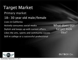 Target Market
     Primary market
     18- 30 year old male/female
     Lives in California
     Actively consumes social media                  What does our
     Stylish and keeps up with current affairs        target look
     Likes the arts, sports and community causes         like?
     Still in college or a successful professional




                                                        OUTBOX Co.
Wednesday, September 21, 2011
 