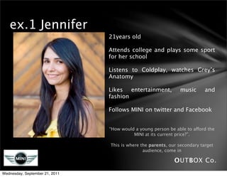 ex.1 Jennifer
                                21years old

                                Attends college and plays some sport
                                for her school

                                Listens to Coldplay, watches Grey’s
                                Anatomy

                                Likes entertainment,           music       and
                                fashion

                                Follows MINI on twitter and Facebook


                                “How would a young person be able to afford the
                                          MINI at its current price?”.

                                This is where the parents, our secondary target
                                               audience, come in

                                                             OUTBOX Co.
Wednesday, September 21, 2011
 