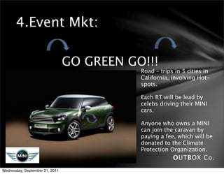 4.Event Mkt:

                                GO GREEN GO!!!
                                           Road – trips in 5 cities in
                                           California, involving Hot-
                                           spots.

                                           Each RT will be lead by
                                           celebs driving their MINI
                                           cars.

                                           Anyone who owns a MINI
                                           can join the caravan by
                                           paying a fee, which will be
                                           donated to the Climate
                                           Protection Organization.
                                                       OUTBOX Co.
Wednesday, September 21, 2011
 