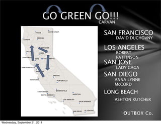 GO GREEN GO!!!
                                          CARVAN

                                            SAN FRANCISCO
                                               DAVID DUCHOVNY

                                            LOS ANGELES
                                               ROBERT
                                               PATTINSON
                                            SAN JOSE
                                               LADY GAGA
                                            SAN DIEGO
                                               ANNA LYNNE
                                               McCORD

                                            LONG BEACH
                                               ASHTON KUTCHER


                                                   OUTBOX Co.
Wednesday, September 21, 2011
 