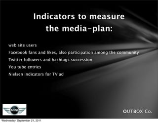 Indicators to measure
                                the media-plan:
     web site users
     Facebook fans and likes, also participation among the community
     Twitter followers and hashtags succession
     You tube entries
     Nielsen indicators for TV ad




                                                            OUTBOX Co.
Wednesday, September 21, 2011
 
