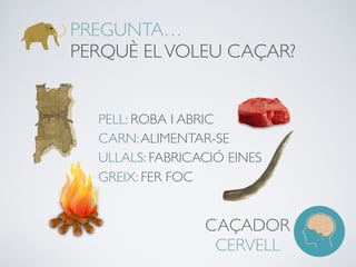PREGUNTA…
PERQUÈ ELVOLEU CAÇAR?
PELL: ROBA I ABRIC
CARN:ALIMENTAR-SE
ULLALS: FABRICACIÓ EINES
GREIX: FER FOC
CAÇADOR
CERVELL
 