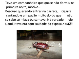 Teve um companheiro que quase não dormiu na primeira noite, motivo.. Besouro querendo entrar na barraca,  cigarra cantando e um pavão muito doido que  não  se sabe se miava ou cantava. Na verdade  ele (Jamil) tava era com saudade da esposa.KKKK!!! 
