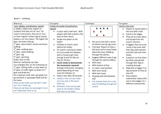 Mini Kickers Curriculum 3-6 yrs Seth Amoafo-PASS 2013 @sethrey1471
16
Week 1 – dribbling
Warm up Fun game Technique Fun game
‘cars’ (Agility, Coordination, Speed)
In 20yds x 20yds area, explain to
students that they are all ‘cars’. On
coach’s instructions, they are to ‘turn
on their engines’ (make engine noises).
Explain a car has 5 gears. The higher the
gear, the faster they go.
1st
gear: slow motion, almost astronaut
walking
2nd
gear: walking pace
3rd
gear: speed walking
4th
gear: jog
5th
gear: sprinting
Brake: foot on ball
Reverse: backwards toe taps
Use analogies like ‘on the motorway so
5th
gear, hitting traffic so slow down to
4th
gear, at traffic lights so down to 1st
gear and brake etc.’
Do it without a ball, then ask players to
go and fetch a ‘passenger’(ball) and do
the same.
How can we make sure we don’t crash
our ‘cars’? (look up)
How can we keep our passengers in our
car? (keep ball close to us)
Follow the leader (Coordination,
Speed)
 In pairs with a ball each. Both
players with bibs tucked in the
back of their shorts.
 Assign one player as the
leader.
 Follower to stand a yard
behind the leader.
 On coach’s command, leader
to try to evade the follower,
who is trying to get close
enough to pull his bib out.
Play for 30 secs.
 Coach needs to demonstrate
the movements required-
(change of direction, changing
speed depending on how
close the follower is).
 Switch roles after 30 seconds
 Leaders, how can you make
sure you stay in the area?
(look up)
 Followers, how can you get
close to the leaders? (keep
ball close to our feet).
 Set up an area with a series
of slaloms and zig zag cones.
 Free play. Players to have a
ball each and to move freely
about the area, dribbling
through the slaloms.
 Suggest different ways to go
through the slaloms (ABCs):
 With laces
 With bottom of feet
 In a bear crawl position
 With their hands
 With their head
 Hopping with ball between
feet
 Can anyone show me a new
way of dribbling through the
cones?
Stuck in the mud
 Players to stand freely in
the area with a ball.
 Coach is the tagger.
 They are to move about
and escape from the
coach’s clutches.
 If tagged, they are to be
‘stuck in the mud’ with
their legs wide opened
and their ball over their
heads.
 A partner can free them
by either passing ball
through their legs or
crawling through.
 Objective of tagger is to
tag everyone so they all
stay still.
 Once players
understand, repeat with
one or two taggers in a
different coloured bib.
 