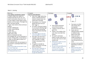Mini Kickers Curriculum 3-6 yrs Seth Amoafo-PASS 2013 @sethrey1471
20
Week 4 – shooting
Warm up Fun game Technique Fun game
‘cars’ (Agility, Coordination, Speed)
In 20yds x 20yds area, explain to
students that they are all ‘cars’. On
coach’s instructions, they are to ‘turn
on their engines’ (make engine noises).
Explain a car has 5 gears. The higher the
gear, the faster they go.
1st
gear: slow motion, almost astronaut
walking
2nd
gear: walking pace
3rd
gear: speed walking
4th
gear: jog
5th
gear: sprinting
Brake: foot on ball
Reverse: backwards toe taps
Use analogies like ‘on the motorway so
5th
gear, hitting traffic so slow down to
4th
gear, at traffic lights so down to 1st
gear and brake etc.’
Do it without a ball, then ask players to
go and fetch a ‘passenger’(ball) and do
the same.
How can we make sure we don’t crash
our ‘cars’? (look up)
How can we keep our passengers in our
car? (keep ball close to us)
Egg Hunt with defenders
 Have more ‘eggs’ (balls) than
players randomly placed all
around a massive area. Use
whole pitch if possible
 Show players 1 or 2 ‘baskets’
(goals) that they must put
their ‘eggs’ in.
 On coach’s command, players
to run around collecting ‘eggs’
with their feet and putting
them in the basket (shooting
in the goal)
 How many eggs can we put
into the basket in 2 minutes?
 Play again, this time have 2
‘blockers’ (GK) and coach is
also a defender in middle
trying to stop players from
scoring.
 If tapped on shoulder by
coach, player does 5 toe taps
before carrying on
 We now have a defender so
what should we do when
going for goal? (look up to
escape the defender)
 Have 4 goals positioned
around area as shown.
 2 players to be GK, with 2
goals free
 Players in the middle of the
area. Have more balls than
players.
 On coach’s command,
players to take a ball and try
to score, then return to take
another ball
 Which goal is easier to score
in? (the one with no
goalkeeper)
 Do we hit the ball differently
if there is a GK or not?
(accuracy for empty goal,
power for occupied goal)
 Two teams on either
side of goals with a
running path
determined by coach.
 Coach calls out
individual players (based
on ability) to play
against each other
 Coach puts ball in
middle and players to
run round the path to
meet the ball and try to
score.
 Increase to 2v2 and 3v3
depending on ability of
players.
 When we have other
players in our team, can
we play and pass to
them?
 