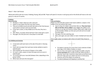 Mini Kickers Curriculum 3-6 yrs Seth Amoafo-PASS 2013 @sethrey1471
23
Week 7 – Multi -Skill Festival
Whole pitch will be split into 4 areas: Dribbling, Passing, SAQ and ABC. Players will spend 12 minutes in each group and on the whistle will move to the next
group to a new set of coaches.
Dribbling
King of the Ring
 All players in 20yd x 20yd area with a ball each.
 Explain to each player that they start with 5 points.
 They are to dribble around area with ball close to their feet because
coach will be coming to steal any loose balls.
 If their ball is stolen, or they dribble out of the area, they lose a
point.
 After 30secs, any player whose ball hasn’t been stolen gains a point.
 Play again, this time pick one or two players to steal balls
ABC
Cops and Robbers
Players on a line with bibs tucked in their backs (robbers). 2 players in the
middle of the area without bibs (cops).
 Cops to chase the robbers and pull their bibs out. They must leave
bibs on the floor next to robbers. Once tagged, the robbers must
balance on one leg until freed by a fellow robber (with a light touch
on the shoulder). Robber can then pick up his bib and try to evade
the police again.
 Play again, this time switching cops
 Next, same again, but each robber to 'steal' a football and move with
it.
Once caught, player can balance with a foot on his ball if they choose to.
1v1 dribbling and shooting
 In two teams with each team on the side of the pitch in 'dressing
rooms'
 Coach calls one player from each team (similar ability) to stand in
opposite goals
 Place footballs per the amount of players in the middle
 On coach's orders, players to leave their goal and try to score in
opposite goal.
 Try 1v1/2v2 with one or two balls between them, depending on the
group's ability.
 Which team will score the most goals?
SAQ
 Put players in groups of no more than 4 and a selection of balls,
bean bags in the middle of ladders as shown.
 One at a time, each player to go through the ladder using the
correct techniques (Run on balls of the feet, Move thumbs in
alternate 'hips to lips' movement, Keep head up and Raise knees
with each step), pick up an object and return to their group.
 Continue until all the objects are picked up.
 Try lateral (sideways) and hopping on one/two feet
 