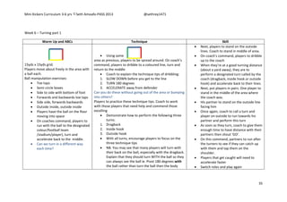 Mini Kickers Curriculum 3-6 yrs Seth Amoafo-PASS 2013 @sethrey1471
35
Week 6 – Turning part 1
Warm Up and ABCs Technique Skill
15yds x 15yds grid.
Players move about freely in the area with
a ball each.
Ball manipulation exercises:
 Toe taps
 Semi circle boxes
 Side to side with bottom of foot
 Forwards and backwards toe taps
 Side side, forwards backwards
 Outside inside, outside inside
 Players have the ball on the floor
moving into space
 On coaches command, players to
run with the ball to the designated
colour/football team
/stadium/player), turn and
accelerate back to the middle.
 Can we turn in a different way
each time?
 Using same
area as previous, players to be spread around. On coach’s
command, players to dribble to a coloured line, turn and
return to the middle
 Coach to explain the technique tips of dribbling:
1. SLOW DOWN before you get to the line
2. TURN 180 degrees
3. ACCELERATE away from defender
Can you do these without going out of the area or bumping
into others?
Players to practice these technique tips. Coach to work
with those players that need help and commend those
excelling
 Demonstrate how to perform the following three
turns:
1. Dragback
2. Inside hook
3. Outside hook
 With all turns, encourage players to focus on the
three technique tips
 NB. You may see that many players will turn with
their back on the ball, especially with the dragback.
Explain that they should turn WITH the ball so they
can always see the ball ie. Pivot 180 degrees with
the ball rather than turn the ball then the body
 Next, players to stand on the outside
lines. Coach to stand in middle of area.
 On coach’s command, players to dribble
up to the coach
 When they’re at a good turning distance
(about a yard away), they are to
perform a designated turn called by the
coach (dragback, inside hook or outside
hook) and accelerate back to their lines.
 Next, put players in pairs. One player to
stand in the middle of the area where
the coach was.
 His partner to stand on the outside line
facing him
 Once again, coach to call a turn and
player on outside to run towards his
partner and perform this turn
 As soon as they turn, coach to give them
enough time to have distance with their
partners then shout ‘GO’.
 On this command, partners to run after
the turners to see if they can catch up
with them and tap them on the
shoulder.
 Players that get caught will need to
accelerate faster
 Switch roles and play again
 
