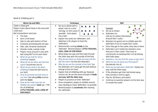 Mini Kickers Curriculum 3-6 yrs Seth Amoafo-PASS 2013 @sethrey1471
37
Week 8- Dribbling part 1
Warm Up and ABCs Technique Skill
15yds x 15yds grid.
Players move about freely in the area with
a ball each.
Ball manipulation exercises:
 Toe taps
 Semi circle boxes
 Side to side with bottom of foot
 Forwards and backwards toe taps
 Side, side, forwards backwards
 Outside inside, outside inside
 Players move around in area with
ball trying NOT to hit each other
 What do we look for when
dribbling? (space)
 What do we do when we find that
space? (accelerate into it)
1. What do we need to do when
dribbling?( Keep the ball close to
our feet)
2. How do we keep the ball close to
our feet? (by taking little touches
with the laces)
3. How do we make sure we can
dribble into space? (look up) – THE
3Ls of dribbling!
LITTLE TOUCHES, LACE, LOOK UP
FOR SPACE!
 Set up as above with a
player next to a cone.
Use big, 12 inch cones if
possible. Each player
has a ball.
 Explain the cones are ‘defenders’ and
objective is for players to beat the
‘defenders’
 Demonstrate running slowly to the
‘defender’. Remind players: LITTLE TOUCHES,
LACE, LOOK UP FOR SPACE!
 Move body one way and then take the ball
the other way with the outside of the foot.
 Why do we move our body one way and the
ball the other? (to fool the defender)
 Why do we use the outside of the foot? (so
the defender can’t easily get the ball without
having to kick our foot).
 Explain that all dribbling skills eg. Stepover
scissors etc all use the same principle of body
one way, ball the other way.
 Players to practice on their ‘defender’
 Once competent, players to dribble around
area, beating as many ‘defenders’ as possible.
 Remind players to accelerate after beating
the ‘defender’.
Invasion
 Set up as shown.
 Defenders (in
red) are to station themselves
Around their ‘castle.’
 Attackers (in green) are to dribble past the
defenders to try to invade their castle.
 Once they get in the castle, they stay in there.
 Defenders can’t tackle the attackers once
they are in their castle. They have to
concentrate on keeping them out by kicking
their balls away.
 Attackers, can you find the space to get into?
 What do you do when you find space?
(Accelerate into it)
 How can you get past a defender? (body one
way, ball the other way).
 If the attackers get their ball kicked away,
they retrieve it and try again.
 Play for 30-45secs and switch.
 Continue to question players on the best way
to invade the castle.
 