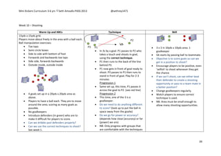 Mini Kickers Curriculum 3-6 yrs Seth Amoafo-PASS 2013 @sethrey1471
39
Week 10 – Shooting
Warm Up and ABCs Technique Skill
15yds x 15yds grid.
Players move about freely in the area with a ball each.
Ball manipulation exercises:
 Toe taps
 Semi circle boxes
 Side to side with bottom of foot
 Forwards and backwards toe taps
 Side side, forwards backwards
 Outside inside, outside inside
 4 goals set up in a 20yds x 20yds area as
above.
 Players to have a ball each. They are to move
around the area, scoring as many goals as
possible.
 No goalkeepers
 Introduce defenders (in green) who are to
make it difficult for players to score.
 Can we dribble past defenders properly?
 Can we use the correct techniques to shoot?
See week 1.
 In 3s by a goal. P1 passes to P2 who
takes a touch and shoots in goal,
using the correct technique.
 P1 then runs to the back of the line
behind P3.
 P1 now gets in front of goal ready to
shoot. P3 passes to P1 then runs to
stand in front of goal. Play for 2-3
minutes
Progression 1
 Same set up, this time, P1 passes it
across the goal to P2. (see red line)
Progression 2
 This time, one of the 3 is a
goalkeeper.
 Do we need to do anything different
to score? (look up to put the ball in
space away from the goalie)
 Do we go for power or accuracy?
(depends how close (accuracy) or far
(power) we are)
 NB: Only progress with groups that
are comfortable with the techniques
 3 v 3 in 10yds x 10yds area. 1
goalkeeper
 Gk starts by passing ball to teammate.
 Objective is to score goals so can we
get in a position to shoot?
 Encourage players to be positive, even
‘selfish’ to shoot whenever they get
the chance
 If we can’t shoot, can we either beat
their defender to create a shooting
opportunity or pass to a team mate in
a better position?
 Change goalkeepers regularly.
 Watch players to ensure correct
technique is used.
 NB: Area must be small enough to
allow many shooting opportunities.
P1P3
P2
 