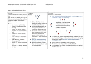 Mini Kickers Curriculum 3-6 yrs Seth Amoafo-PASS 2013 @sethrey1471
51
Week 5 -passing and receiving part 3
Warm up Fun game Technique
Coach is a mad hunter walking through
Dino
land...he calls out what he see’s and the
children must act it out...”I am walking
through the jungle...wait a minute, I
think I
see a ...”
 Jog- a- saurus – players jog
around in different directions
(no ball)
 Dribble – a- Saurus – players
dribble in any direction (with a
ball)
 Freeze – a – saurus – players
freeze
 Jump – a Saurus – players hop
around
 Slow – a Saurus – move as
slowly as possible
 Dance – A – Saurus – Dance like
crazy
 Toe-Tap – A – Saurus- perform
toe taps
Bowling
 Set up a bowling area as
above with players lined up no
more than 5 yards away.
 In interests of not having too
many players idle, have no
more than 4 players per line.
 On coach's orders, players to
pass their ball to knock down
the cones. Once a player
passes his ball, he is to run
and collect it while his partner
passes.
 Who will be the first team to
knock down all their cones?
 Winning team gets to move
their starting cone back a yard
to challenge them.
Spiderman – development
 Now we are so good at passing our web to stationary partners,
can also do it when we are moving?
 On coach's call, players on inside of the area to dribble ball and
pass their 'web' to guys on the outside and receive before going
to a different player. How many passes can you make in…..
seconds/minutes?
 Switch players in middle with those on outside.
 For strivers – Can they use their laces? Left foot?
 For strugglers – can they be stationary and pass to one person?
Can they throw it?
Split groups in half with some
on the outside of cones as
shown and the rest inside the
area with a ball each.
 